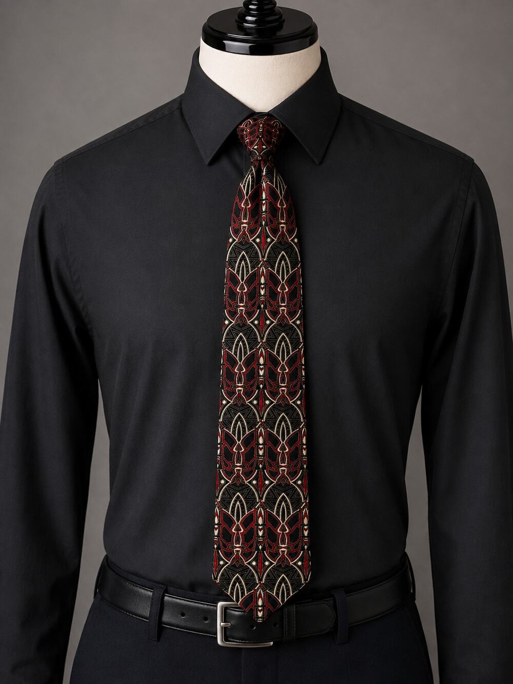 Bachrach Made in Italy 100% Silk Tie Black Burgundy Gold Art Deco Necktie